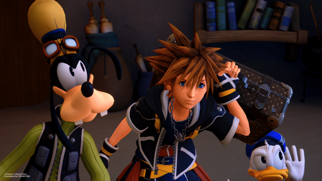 Sora, paperino e pippo che ascoltano qualcosa in kingdom hearths 3