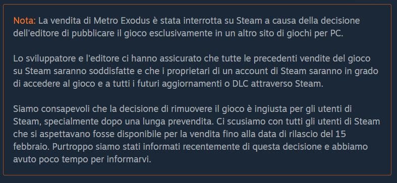 La nota di Steam sulla mancata uscita di Metro Exodus