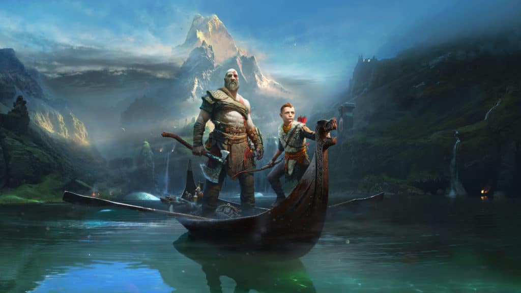 Kratos e Atreus sulla loro piccola barca in God of War 4