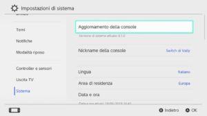 Aggiornamento di sistema 8.1.0 Nintendo Switch