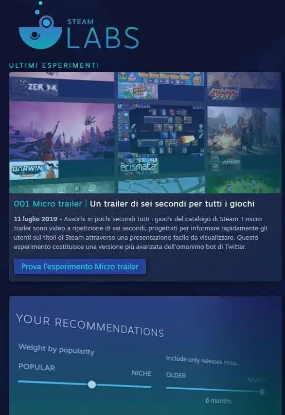 Screen del nuovo servizio Steam Labs