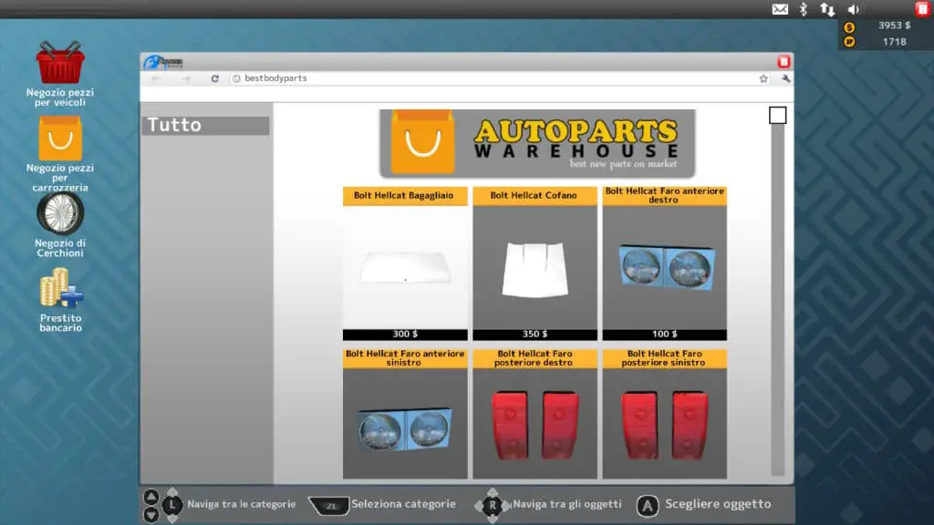 Il menù di acquisto di componenti in Car Mechanic Simulator: Pocket Edition