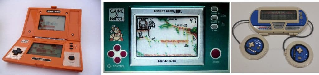 In ordine, i Game & Watch di Donkey Kong, Donkey Kong Jr. e Donkey Kong Hockey: precursori, rispettivamente, di doppio schermo (Nintendo DS) e D-pad (NES), tasti direzionali singoli (Nintendo Switch) e controller cablati su console portatile