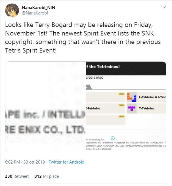 NaraKobi_NIN su Twitter: "Pare che Terry Bogard potrebbe uscire questo venerdì, primo novembre! L'ultimo evento degli Spiriti elenca il copyright di SNK, qualcosa che non c'era nel precedente evento a tema Tetris!"
