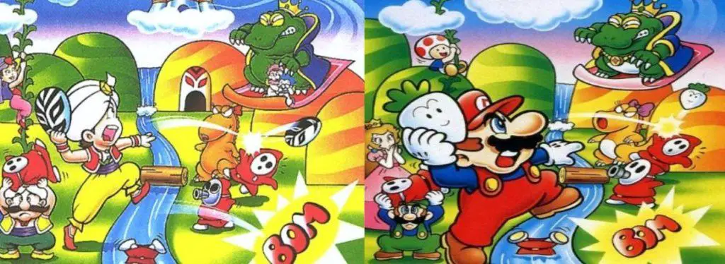 Un confronto tra i protagonisti di Doki Doki Panic e le loro controparti in Super Mario Bros. 2