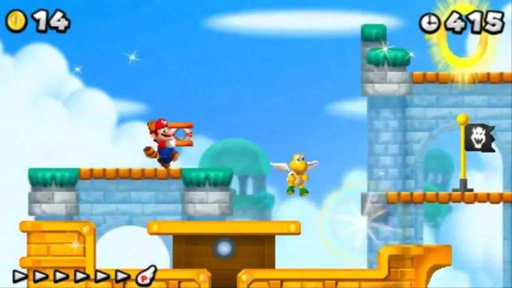 La coda di procione, vista in New Super Mario Bros. 2; da notare l'indicatore di rincorsa preso anch'esso di peso da Super Mario Bros. 3, e presente solo quando Mario si ritrova trasformato in procione (serve una piena rincorsa per spiccare il volo)