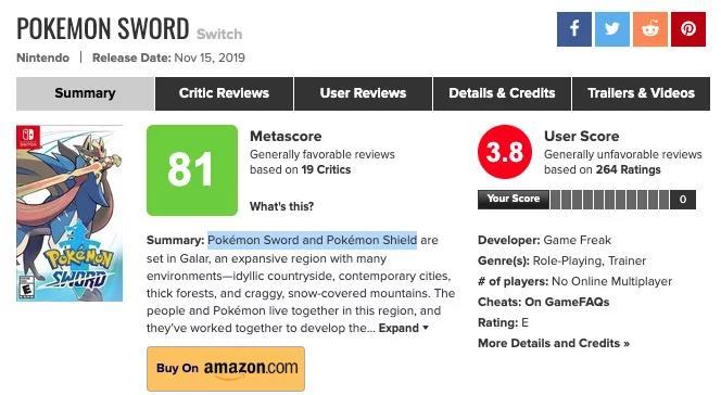 Metacritic e il review bombing di Pokémon Spada e Scudo