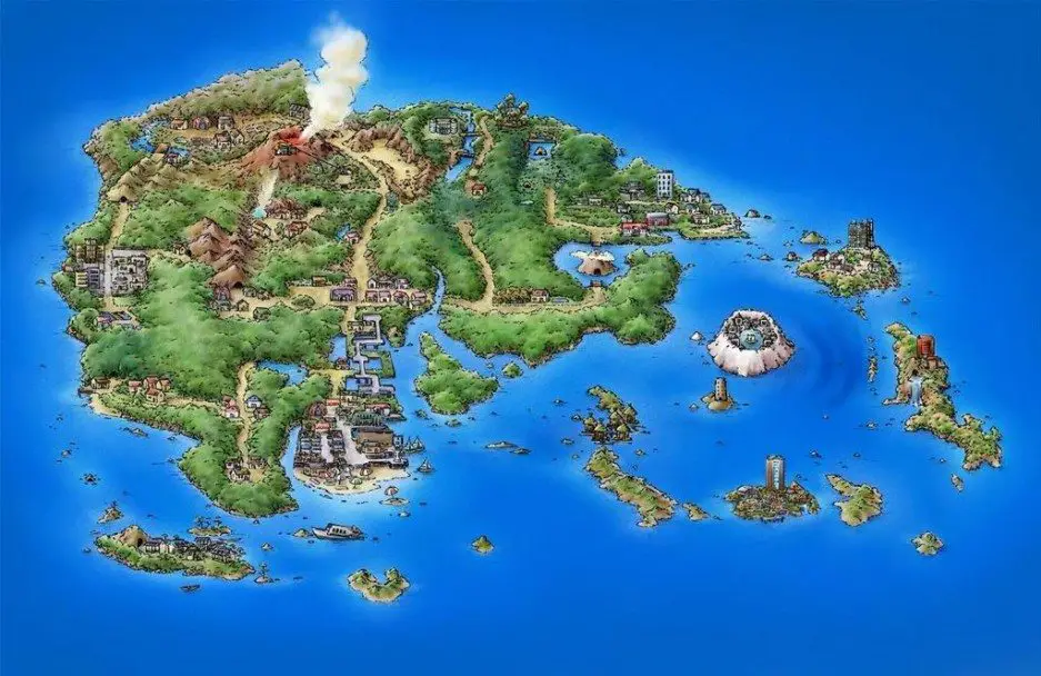 Artwork ufficiale della regione di Hoenn di terza generazione; la regione di Hoenn si basa su Kyushu, regione più meridionale del Giappone girata di novanta gradi