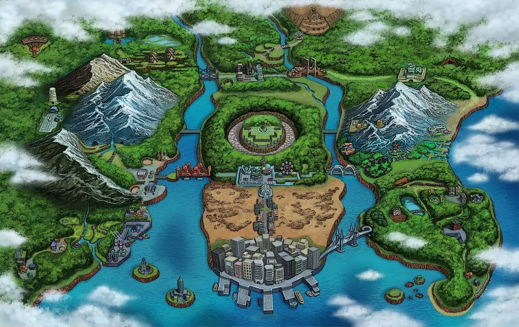 Artwork ufficiale della regione di Unima durante gli eventi di Pokémon Bianco e Nero