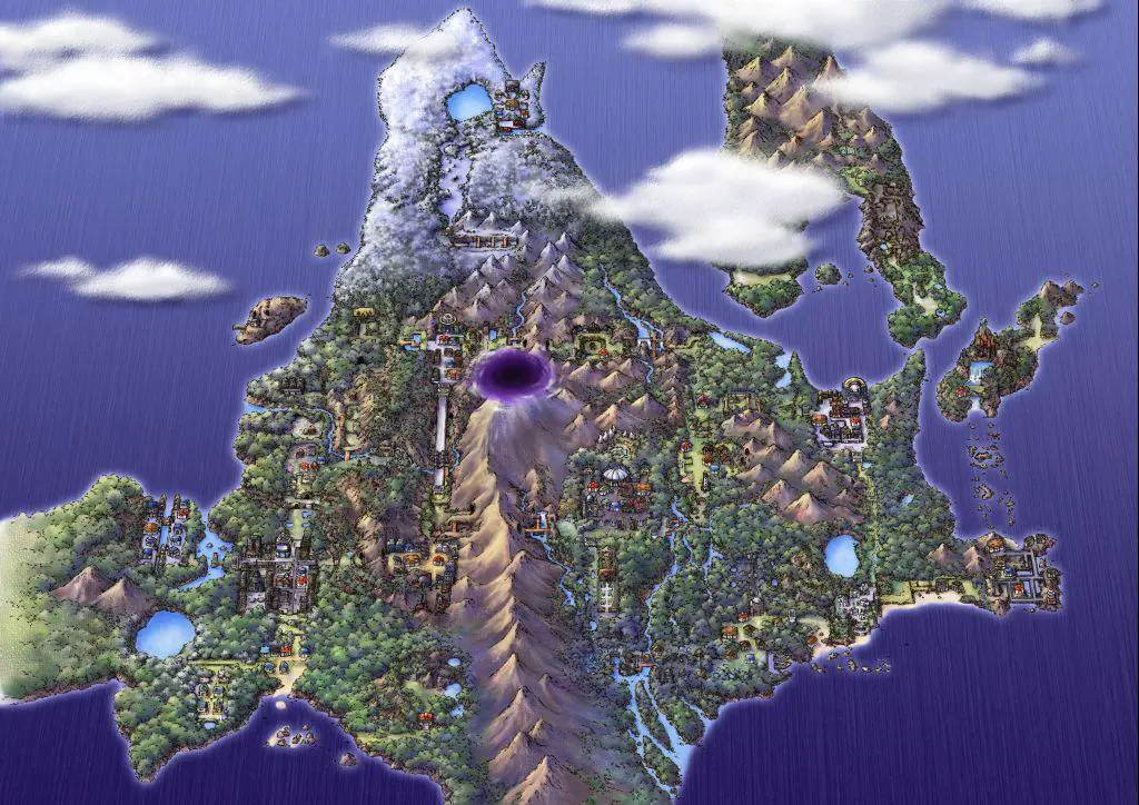 Artwork ufficiale della regione di Sinnoh come appare in Pokémon Versione Platino