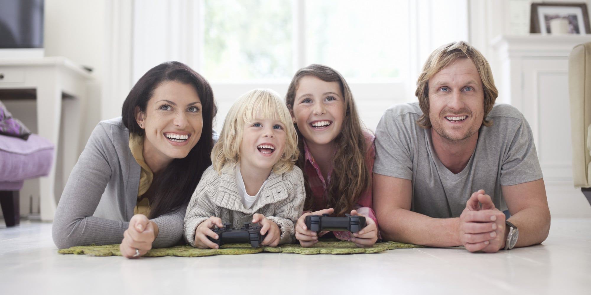 Family playing video game 