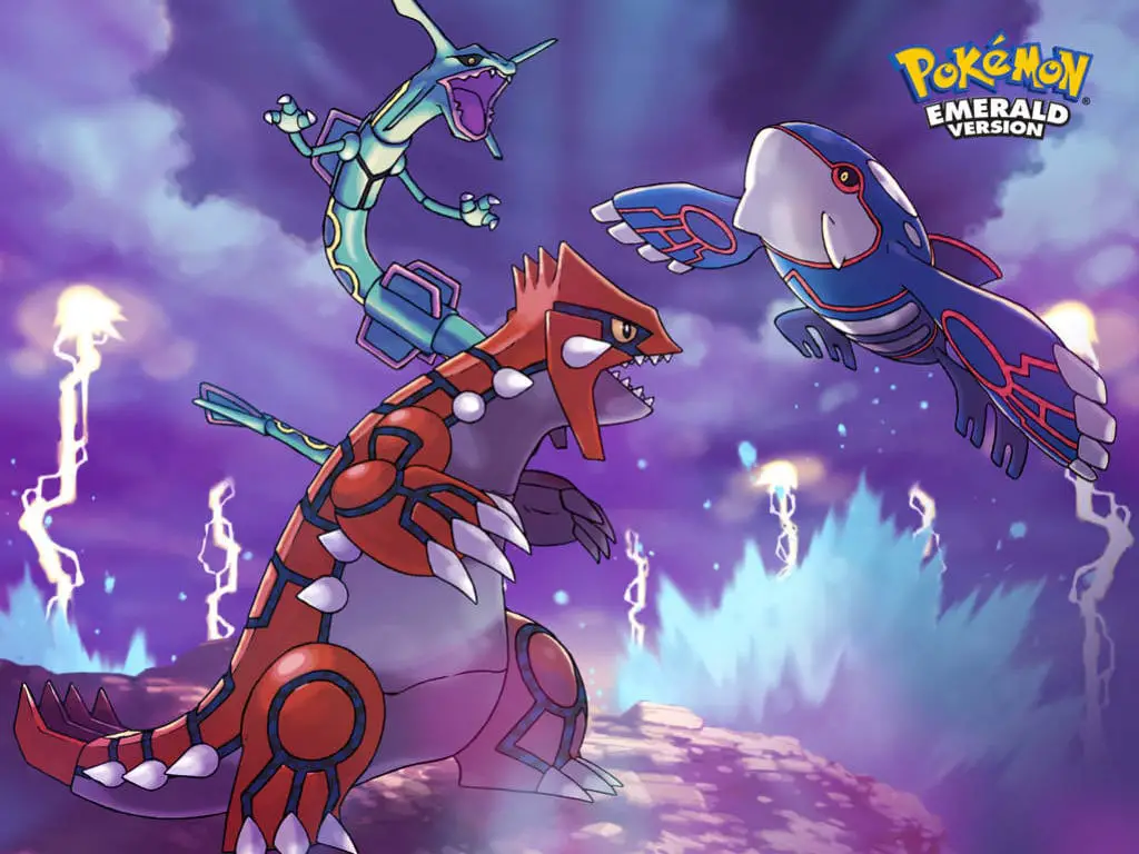 Illustrazione ufficiale di Pokémon Smeraldo: in questo gioco era davvero possibile avere tutti e tre i Pokémon leggendari del "trio climatico"