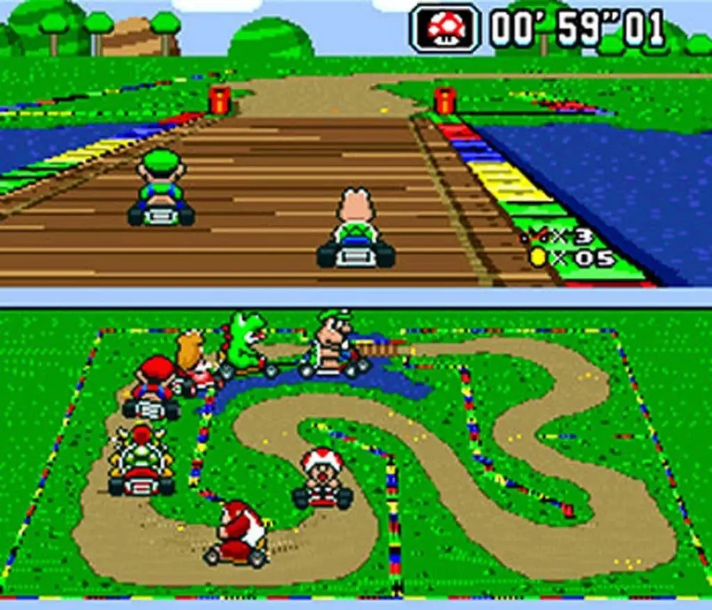 No, non stai guardando Mario Kart DS: la metà inferiore dello schermo fungeva da mappa, è vero, ma nelle partite a due giocatori lo split-screen veniva usato unicamente per mostrare l'azione in modo chiaro ad entrambi