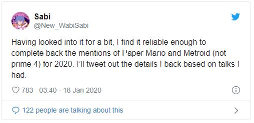 “Ho cercato un po’, e credo di potermi fidare quanto basta da sostenere le menzioni di Paper Mario e Metroid (non Prime 4) per il 2020. Vi twitto i dettagli che sento di poter confermare in base alle mie chiacchierate.”