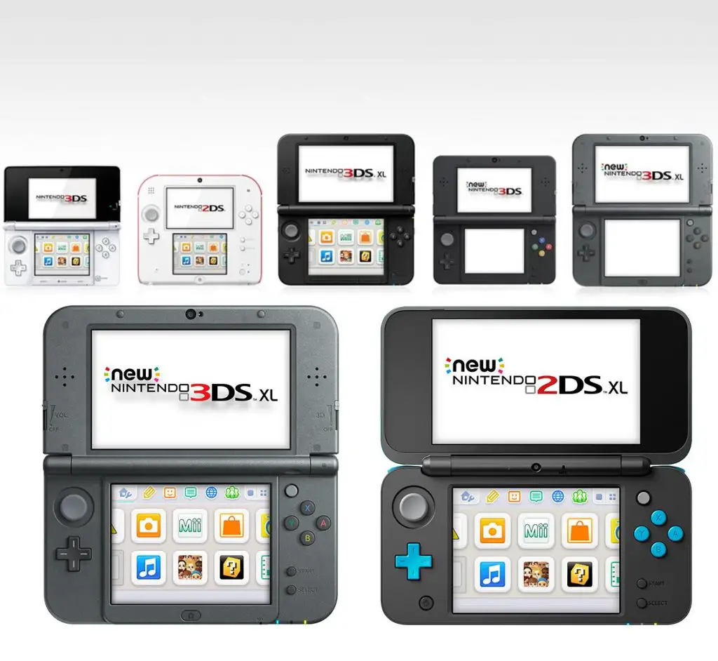 In alto, la famiglia 3DS fino ai modelli New; sotto, il New 3DS e il New 2DS a confronto
