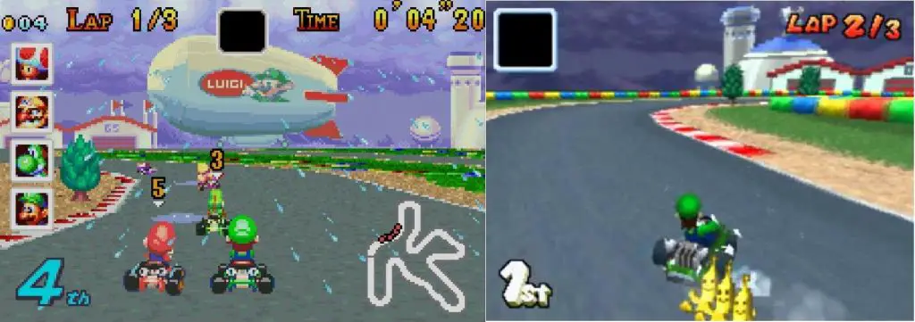 A sinistra, Luigi Circuit da Mario Kart: Super Circuit; a destra, "GBA Circuito di Luigi" da Mario Kart DS