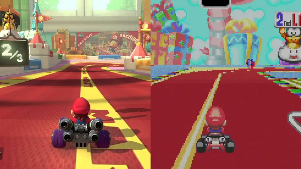 La versione base del gioco vantava il Circuito di Mario come unica pista proveniente da Mario Kart: Super Circuit, ma i DLC hanno anche incluso Terra del Formaggio e Strada del Fiocco; ecco la prima curva verso destra di quest'ultima in un confronto - a destra l'originale, a sinistra l'approccio "in stile Toy Story" di Mario Kart 8