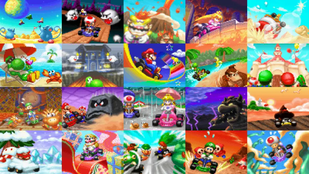Le illustrazioni per le piste che hanno avuto origine in Mario Kart: Super Circuit, dalle quali si può evincere l'immensa varietà di circuiti disponibili nel gioco