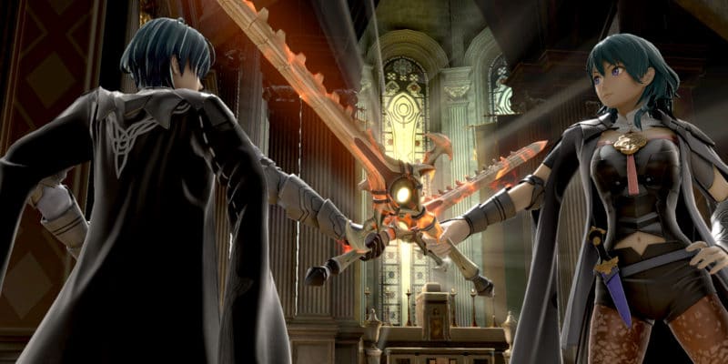 Byleth è un avatar come lo sono Daraen e Corrin, e pertanto vanta una versione maschile e una femminile; sullo sfondo, una location del Monastero di Garreg Mach