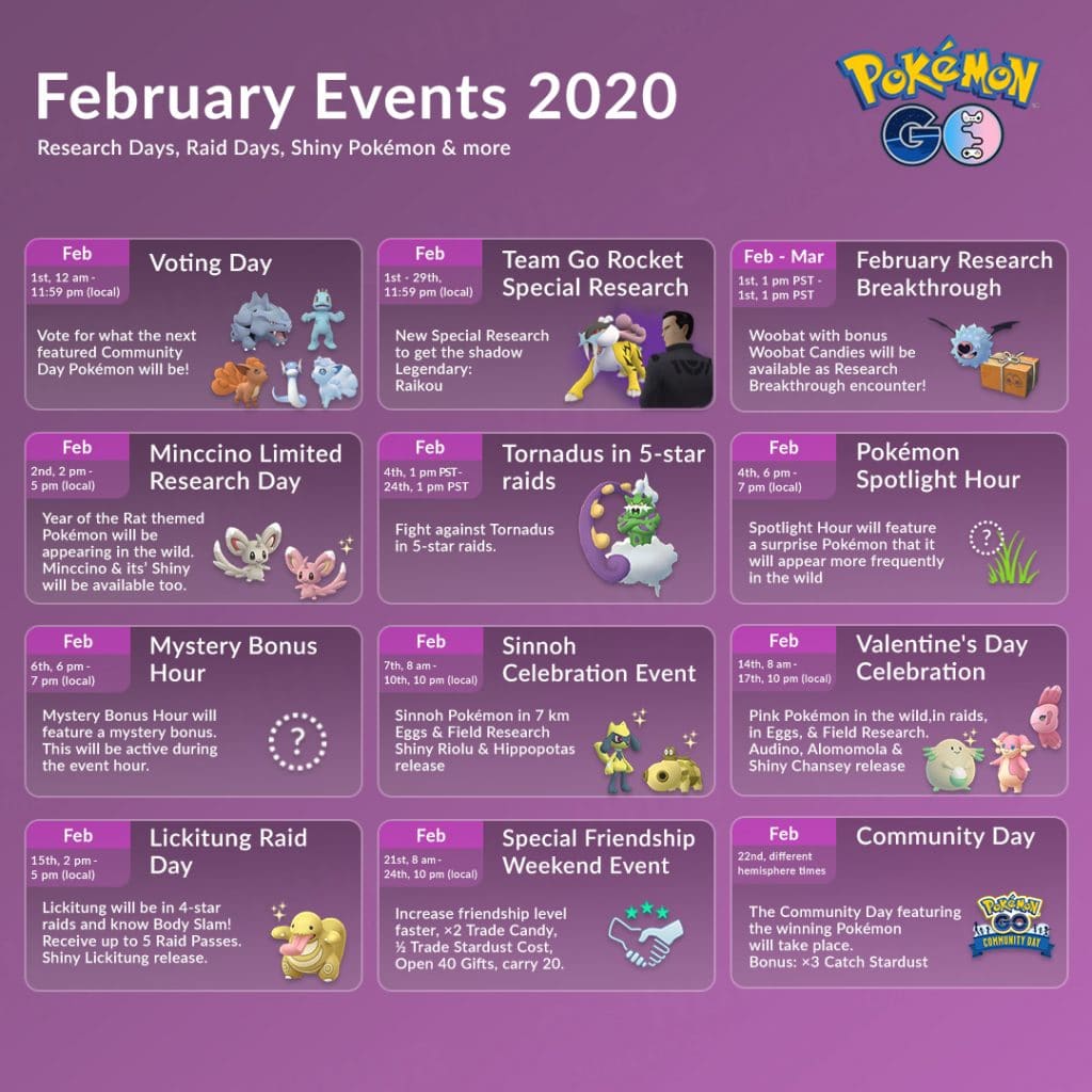 Gli eventi previsti a febbraio 2020 per Pokémon GO.