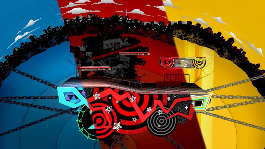 Le tre versioni in cui può apparire Mementos, da sinistra a destra: la variante che appare con la musica di Persona 3, la versione "di base" che usa le musiche di Persona e Persona 5, e infine la variante gialla che appare con i brani di Persona 4. Non inquadrati, i cameo dei compagni di Joker che appaiono sullo sfondo