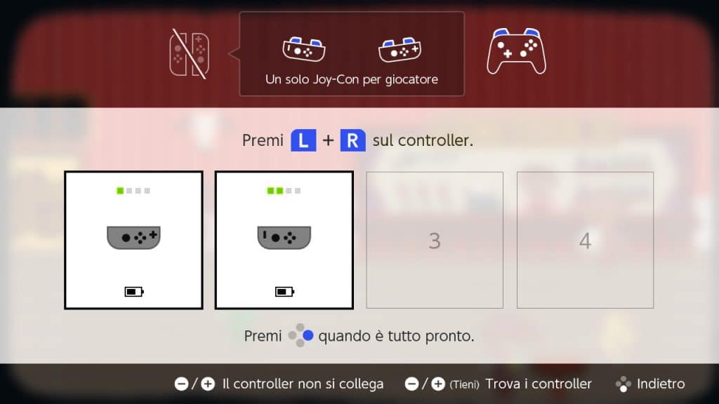 Non vogliamo essere ripetitivi con le nostre schermate, ma volevamo precisare che l'opzione dei Joy-con in coppia sembra non essere contemplata; la si può forzare reimpostando l'ordine dei controller nel menù Home, ma è meno immediata di quanto lo sarebbe stato permettere semplicemente di usarli insieme sin da subito...