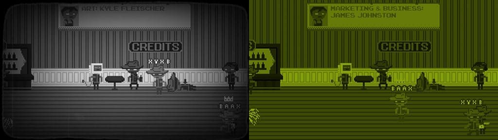Due schermate a confronto, in base alle persone con cui decidiamo di interagire (a suon di coltellate) nel saloon: possiamo ottenere un filtro in bianco e nero o una "variante Game Boy" della grafica