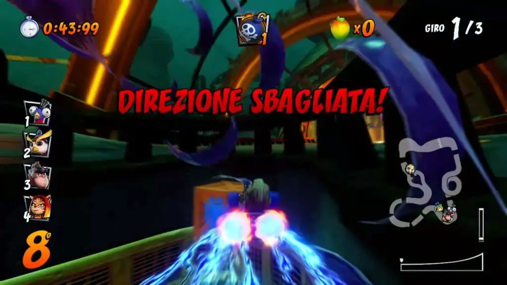 Classificazione: Infamissimo/Satanico. Note: Per essere una pista già martoriata da lame rotanti difficili da evitare e la sfigatissima fisica dei tubi di Crash Team Racing Nitro-Fueled, la lovecraftiana Immersione A 4 Ruote presenta una cassa Beenox che rientra di diritto tra le più difficili del gioco, per non dire la più difficile in assoluto. In pratica, la cassa si trova nel vuoto, per la precisione dove si diramano le strade subito dopo l’inizio. Dovrai buttarti nel vuoto, contromano, più volte prima di riuscirci.