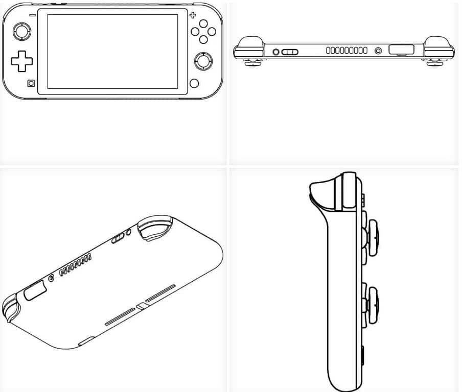 Visione d’insieme delle quattro immagini incluse nel brevetto, che mostrano il design di Nintendo Switch Lite in varie inquadrature. Probabilmente, l’impossibilità legale di proporre quest’idea sul mercato senza incorrere nel rischio di infrangere il copyright della Grande N ha reso questo brevetto una formalità, ma andava comunque fatto. Meglio tardi che mai!