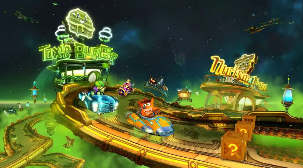 Drive-In Pericolo è l'ultima pista del gioco, una sorta di Pista Arcobaleno che sostituisce la magia di Mario Kart con la tecnologia della serie Crash. Nel Crash Team Racing originale Gasmoxia era solo menzionato per nome; fu Crash Bash a mostrarlo come un pianeta verdastro. La fedeltà al canone di Crash è maniacale, e pertanto encomiabile.