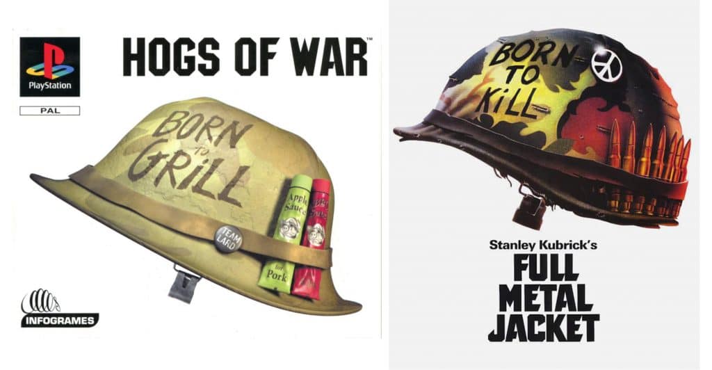 La copertina di Hogs of War (sinistra), palese citazione alla locandina di Full Metal Jacket (destra)