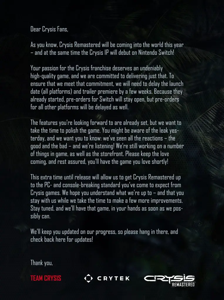 Crysis Remastered è stato ufficialmente rimandato