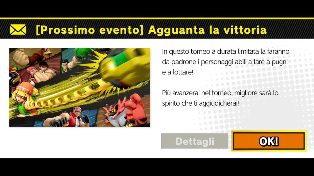 La notifica in-game che segue la schermata del titolo di Super Smash Bros. Ultimate per il torneo “Agguanta la vittoria” dedicato a Min Min.