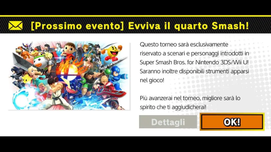 La notifica in-game per il torneo "Evviva il quarto Smash!".
