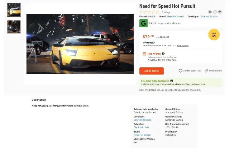 Avvistato Need for Speed: Hot Pursuit Remastered per Nintendo Switch 1