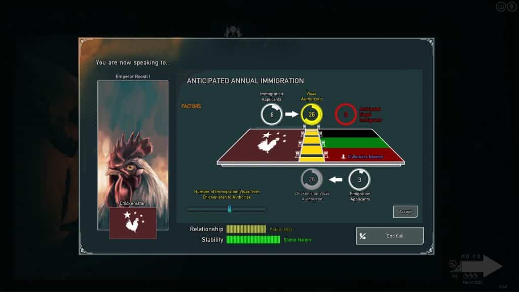 Screenshot delle trattative con il Chickenistan in Rogue State Revolution