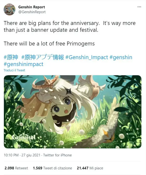 genshin impact anniversario tweet