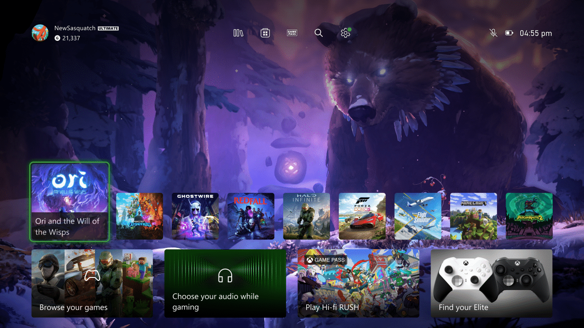 Esempio di dashboard xbox con contenuti e sfondo