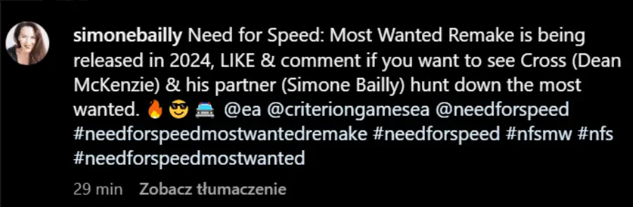 L'attrice Simeno Bailly ha pubblicato un post su Need for Speed
