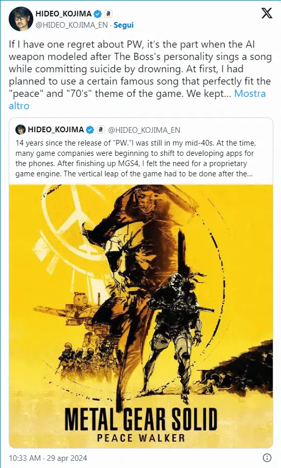 Hideo Kojima celebra l'anniversario di Peace Walker con una confessione 1