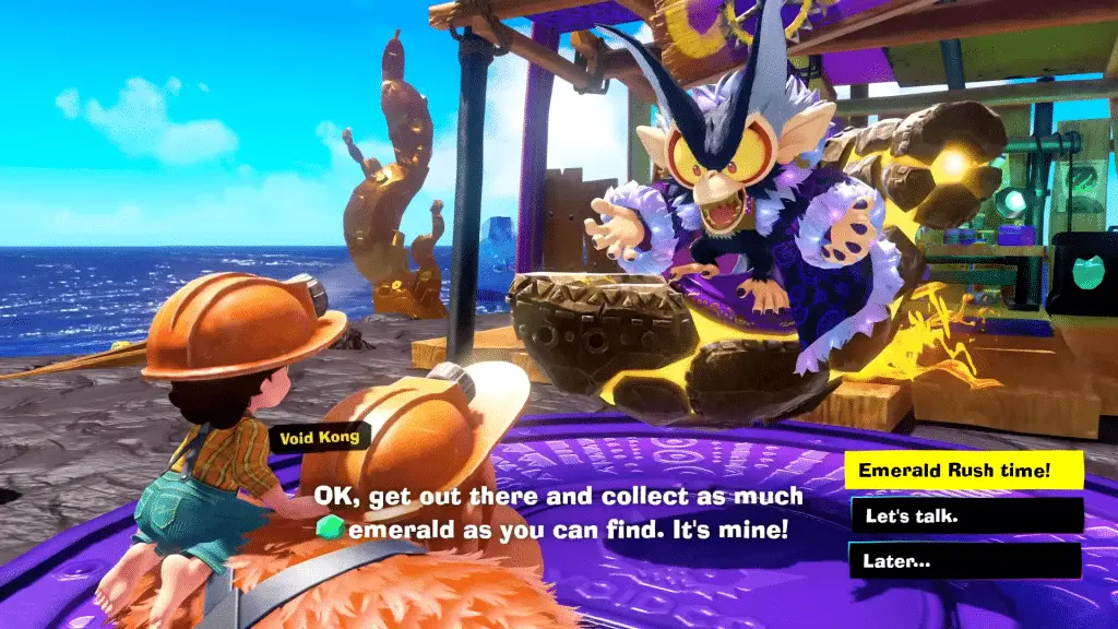 Donkey Kong Bananza si espande: vale la pena il DLC Isola DK + Caccia agli Smeraldi? Void Kong dialoga con Donkey Kong e Pauline nell’Isola DK, pronto a dare inizio a un Emerald Rush.