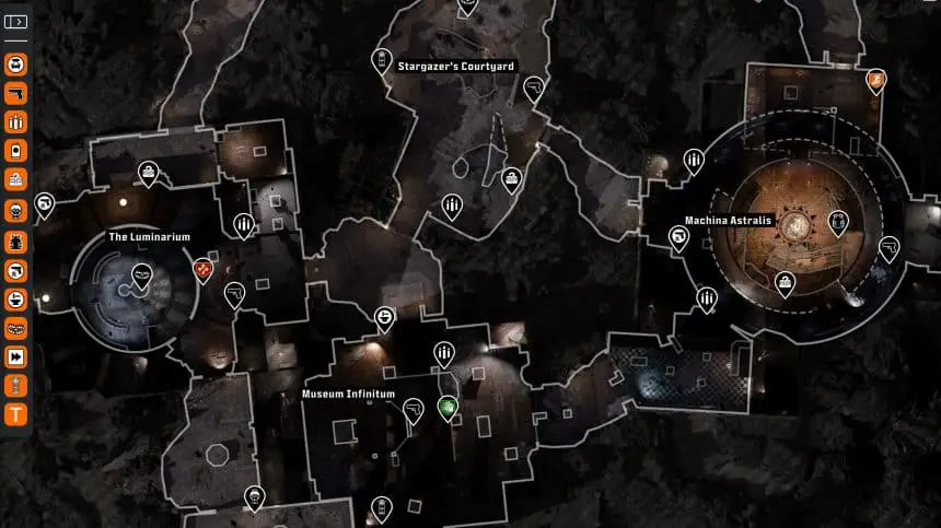 Tac-Map spoiler-free di Astra Malorum in Black Ops 7 Zombies, con Wall Buy e punti chiave sempre visibili.