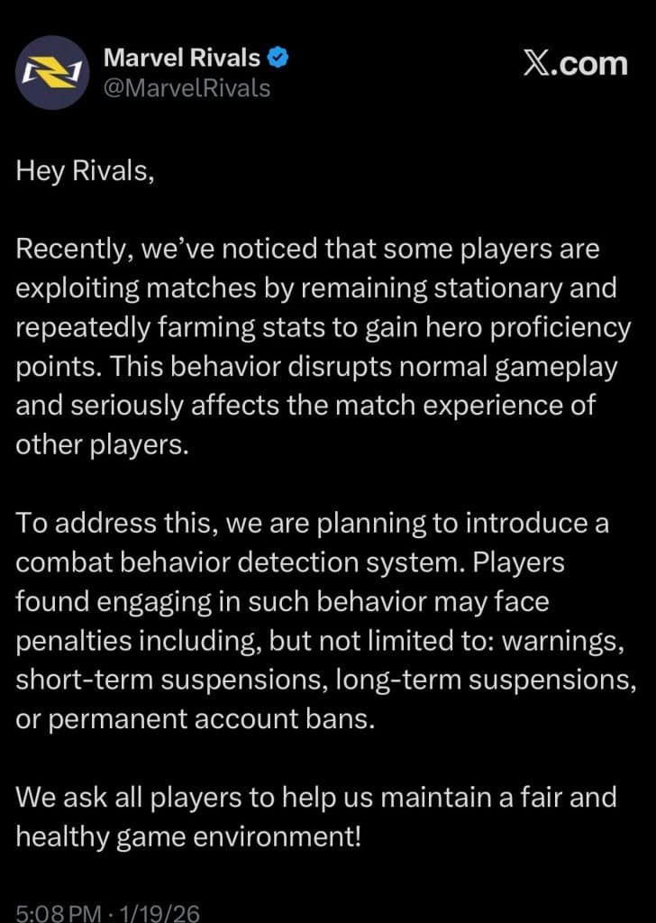 Marvel Rivals: NetEase dichiara guerra agli AFK e prepara ban permanenti