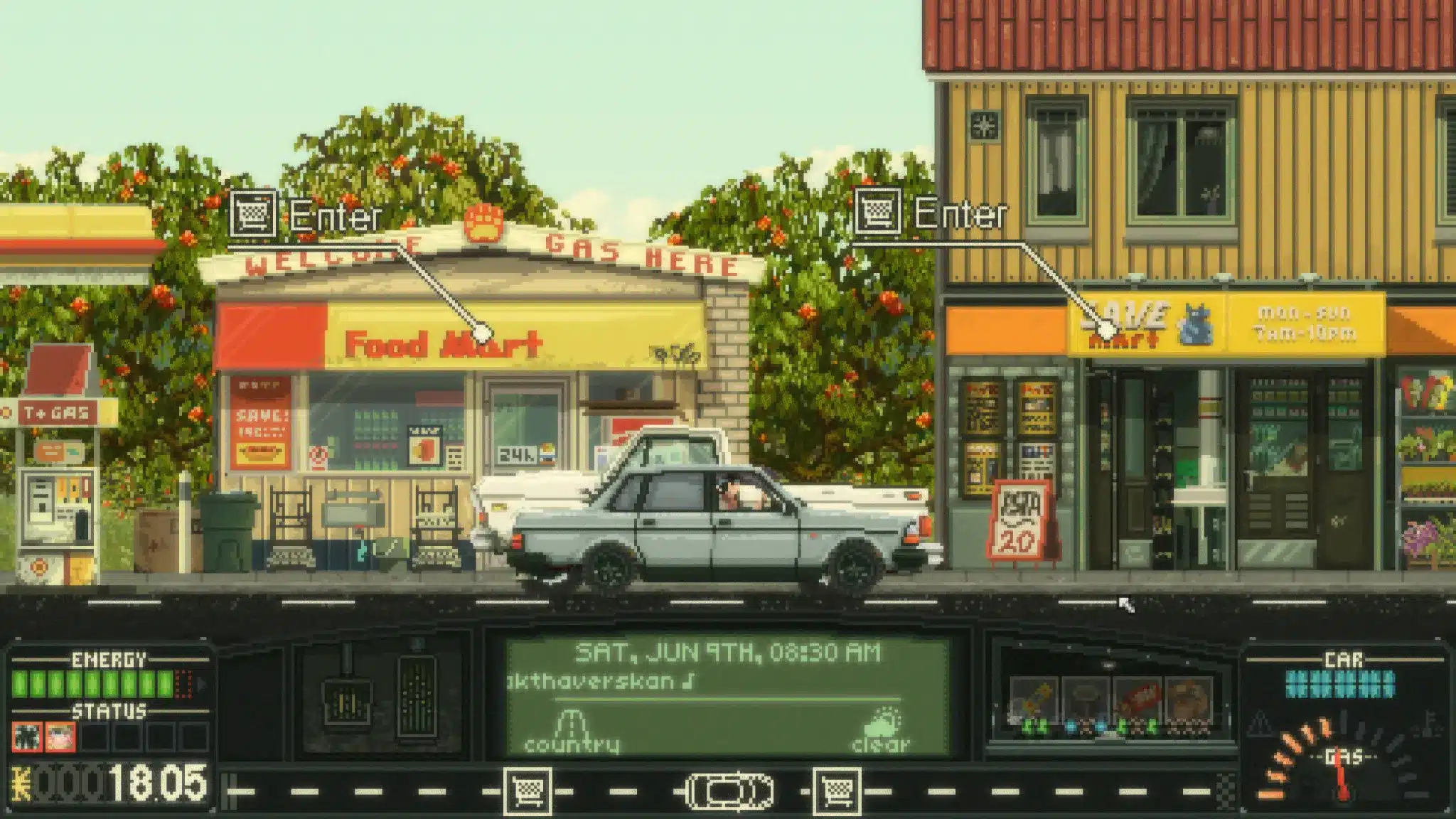 Keep driving, schermata di gameplay con auto e stazione di servizio