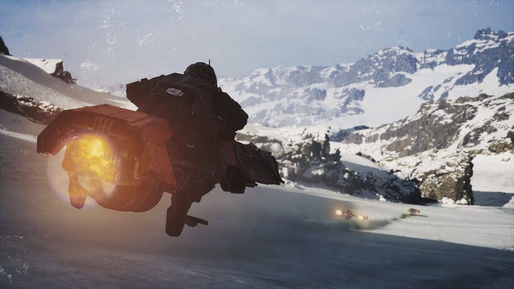 Star wars galactic racer, speeder in gara su un circuito innevato