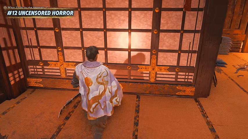 Musashi davanti ai paraventi illuminati nel laboratorio sotterraneo di onimusha way of the sword