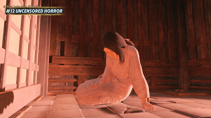 Donna in abito chiaro seduta sul pavimento dietro uno shoji di onimusha