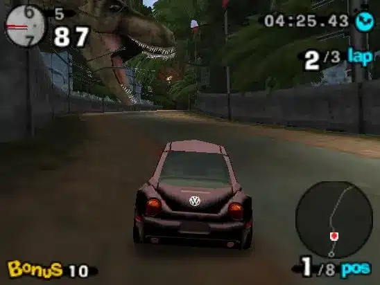 Beetle adventure racing! N64: il tracciato inferno island con dinosauro