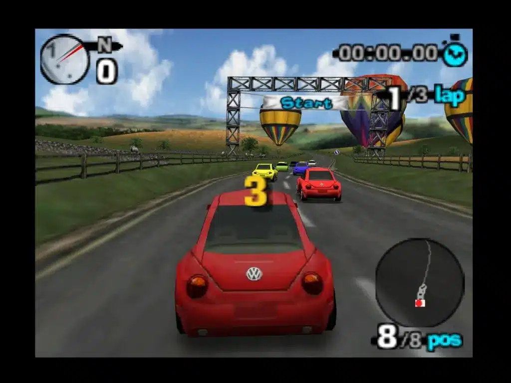 Beetle adventure racing! Per nintendo 64: volkswagen new beetle sulla griglia di partenza in gara