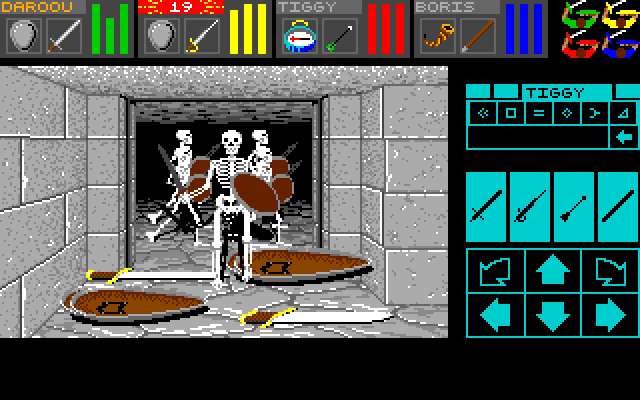 Dungeon master: scheletri in un corridoio del dungeon e comandi a rune